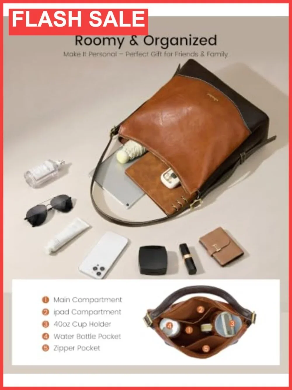 Hobo Bag Faux Leather Crossbody Shoulder Purse Large Water Bottle Pocket